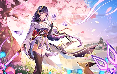 紫色头发 动漫 动漫女孩 樱桃树 樱花 剑  电脑壁纸 4K壁纸