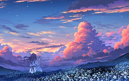 远望 长发 坐着 女人 数码绘画 数码艺术 鲜花 草 宁静 天空 月亮 新月 山 田野 云  电脑壁纸 4K壁纸