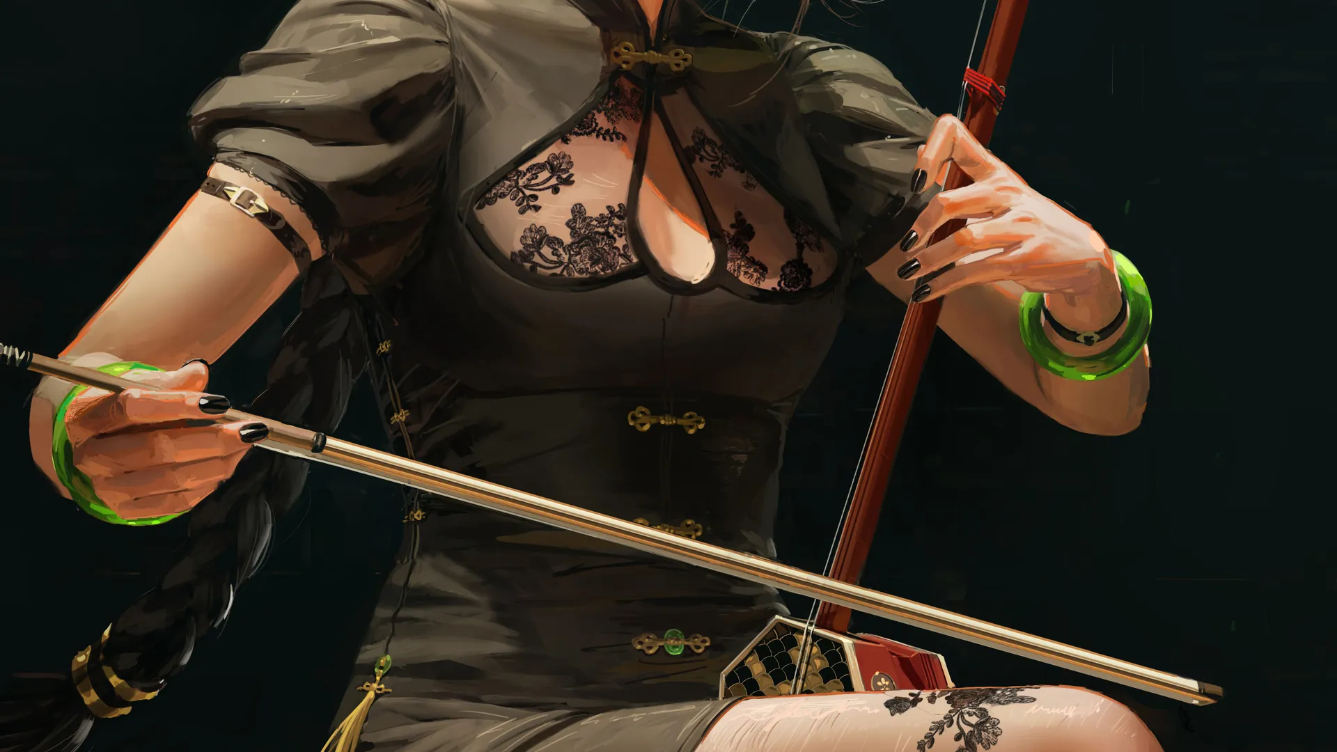 音乐家 AI艺术 插图 长袜 耳环 演奏 黑指甲 连衣裙 乐器 手机壁纸 4K壁纸