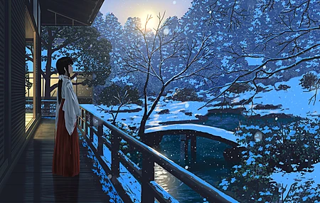 长发 动漫女孩 和服 独自 户外 桥梁 木屋 树木 下雪  电脑壁纸 4K壁纸