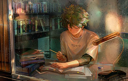 闭着的眼睛 动漫 动漫男孩 白衬衫 铅笔 书籍 橡皮擦 雨 窗户 玻璃 玻璃上的水  电脑壁纸 4K壁纸