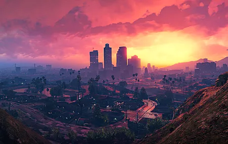 侠盗飞车 日落 城市 山脉  电脑壁纸 4K壁纸