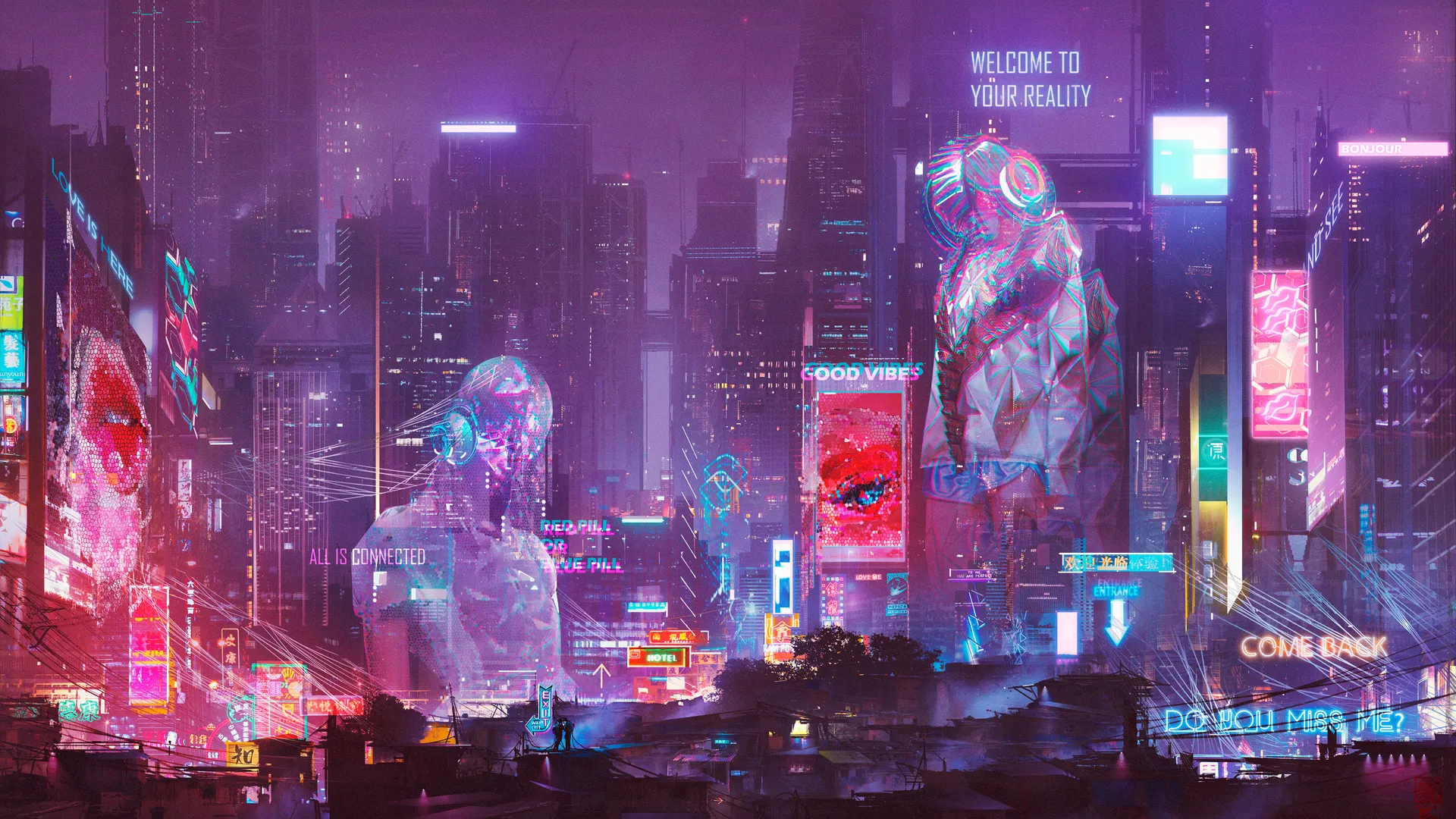 未来派城市 霓虹灯 城市 城市景观 建筑 摩天大楼 幻想艺术 赛博朋克  电脑壁纸 4K壁纸