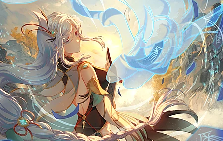 白发 蓝眼睛 辫子 长发 看着肩膀 神河 原神 动漫 动漫女孩 紧身衣  电脑壁纸 4K壁纸