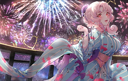  粉色头发 红色眼睛 部 奇幻女孩 动漫 动漫女孩 烟花 服装 电脑壁纸 4K壁纸