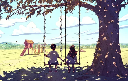 儿童 手牵手  AI艺术 奇幻艺术 秋千 树木 云 自然  电脑壁纸 4K壁纸