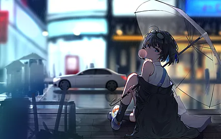 短发 蓝眼睛  城市 雨 黑发 动漫女孩 电脑壁纸 4K壁纸
