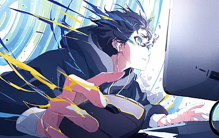 黑发 短发 绿眼睛 动漫 电脑鼠标 耳机 键盘 显示器 夹克 电线 动漫男孩  电脑壁纸 4K壁纸