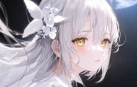 白发 长发 动漫 动漫女孩 黄眼睛 鲜花 白色衣服 头发上的花 人工智能艺术  电脑壁纸 4K壁纸