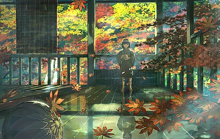 儿童 站立 樱花 动漫女孩 动漫 和服 球 树叶 秋天 树 倒影 阳光 插图  电脑壁纸 4K壁纸