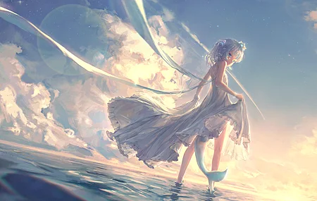 虚拟 水 日出 尾巴 裙子 动漫女孩  电脑壁纸 4K壁纸