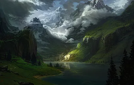 概念艺术 风景 自然 山脉 水 树 云 艺术状态  电脑壁纸 4K壁纸