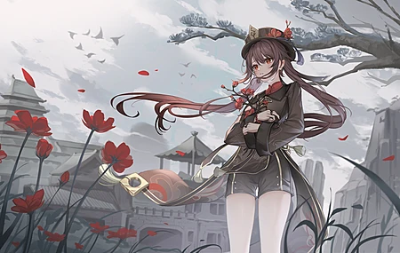 胡桃 原神 长发 动漫 动漫女孩 原神 鲜花 花瓣 双尾  电脑壁纸 4K壁纸