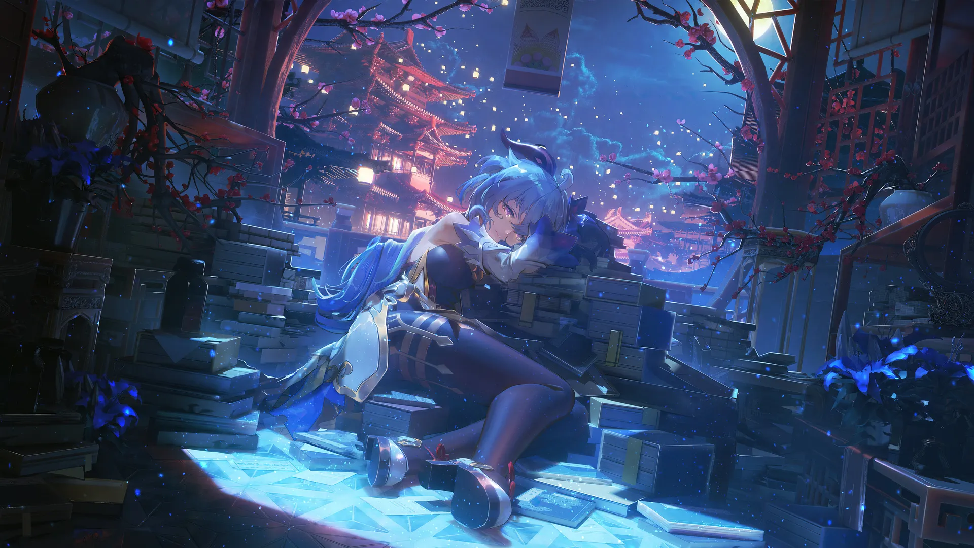 原神 感伤 夜 动漫女孩 书籍 月亮 电脑壁纸 8K壁纸