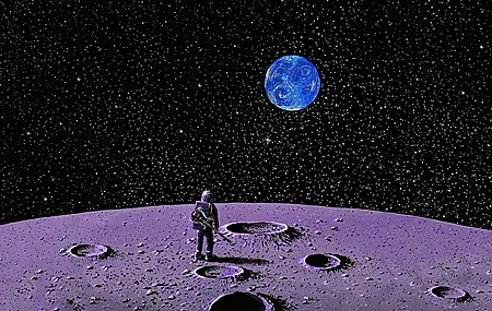 宇航员 太空 吉他 月亮 星星 地球 陨石坑  电脑壁纸 4K壁纸