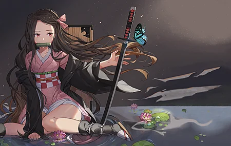 黑发 红眼  动漫少女 日式服装 剑术  电脑壁纸 4K壁纸