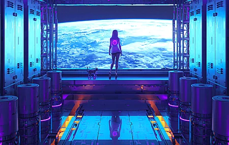 女性 空间 宇宙飞船 房间 室内 科幻小说 插图 AI艺术 空间站 室内 电脑壁纸 4K壁纸