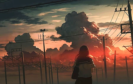 女学生 图片 日落 动漫女孩 云 天空 校服 夕阳辉光  电脑壁纸 4K壁纸