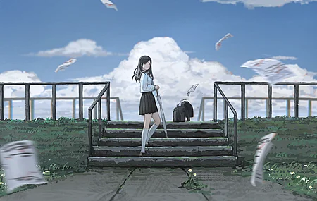 黑发 校服 云 晴空 伞 台阶 褶裙 白袜子 齐膝 动漫女孩  电脑壁纸 4K壁纸