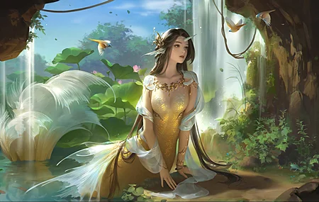 女人 梦幻女孩 美人鱼 梦幻艺术 AI艺术 生物 鸟 瀑布 植物  电脑壁纸 4K壁纸