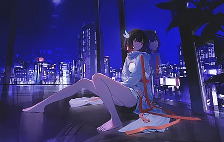 原创人物 赤脚 短发 深色头发 红眼睛 动漫女孩 夜晚 城市风光  电脑壁纸 4K壁纸