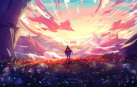 AI艺术 奇幻艺术 背包 云 日出 鲜花 山脉  电脑壁纸 4K壁纸