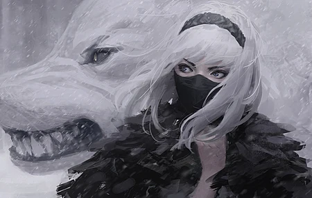 女人 奇幻女孩 白发 目光移开 原创人物 狼  电脑壁纸 4K壁纸