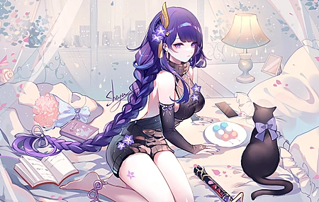 在床上 眼下有痣 双腿并拢 跪着 长发 紫色头发  电脑壁纸 4K壁纸