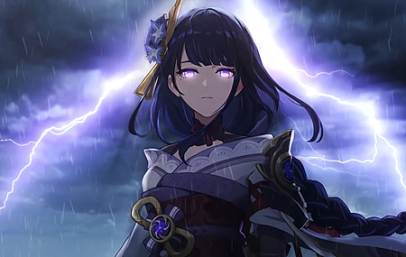 紫色头发 黑痣 辫子 雷登幕府 原神 闪电 雨 动漫女孩 数码灯光 紫色眼睛 和服  电脑壁纸 4K壁纸