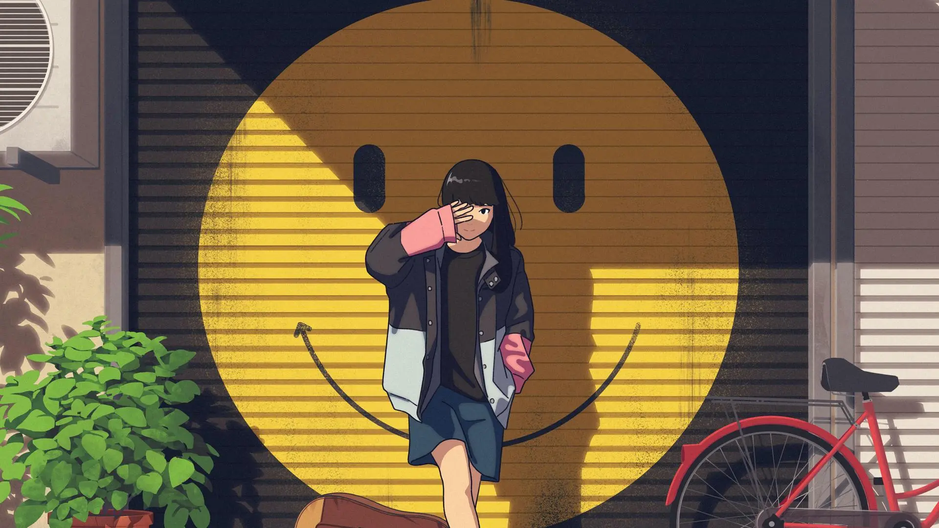 站立 动漫 街道 倒影 自行车 微笑 4K壁纸