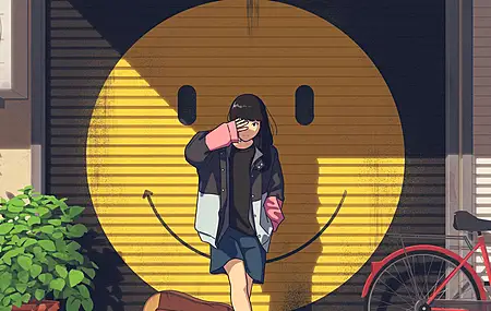 站立 动漫 街道 倒影 自行车 微笑 4K壁纸