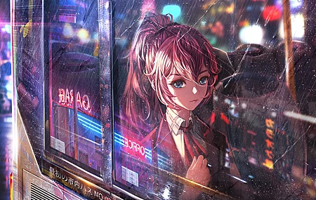 马尾辫 蓝眼睛 动漫女孩 城市灯光 雨 窗户  电脑壁纸 4K壁纸