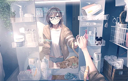 站立 前田麦克风 动漫 动漫女孩 镜子 倒影 猫 室内  电脑壁纸 4K壁纸