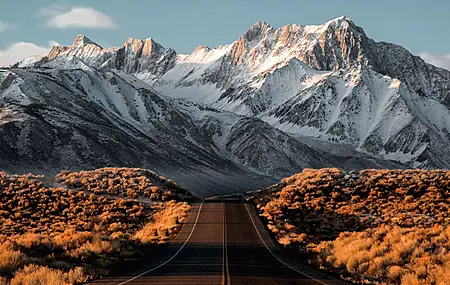 自然 水 雪 山 道路 风景 雪峰 灌木 沥青 阳光 内华达山脉 加利福尼亚州  电脑壁纸 4K壁纸