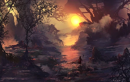战士 孤独 英雄  黑暗幻想 自然 树木 薄雾 太阳 风 沼泽  电脑壁纸 4K壁纸