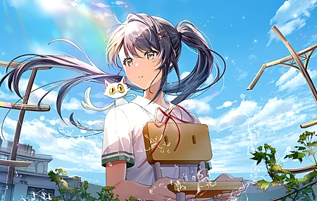 看向别处 长发 马尾辫 深色头发 动漫 动漫女孩 铃木 角色 天空 云 猫  电脑壁纸 8K壁纸