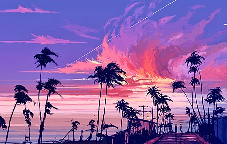 棕榈树 太阳 云 海滩 数码绘画 绘画 数码艺术  电脑壁纸 4K壁纸