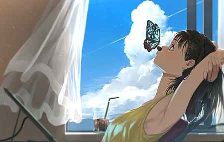  蓝眼睛 动漫 动漫女孩 黑发 背心 蝴蝶 窗户 天空  电脑壁纸 4K壁纸