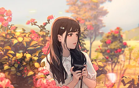 长发 黑眼睛 插图 花朵 阳光 黑发  电脑壁纸 4K壁纸