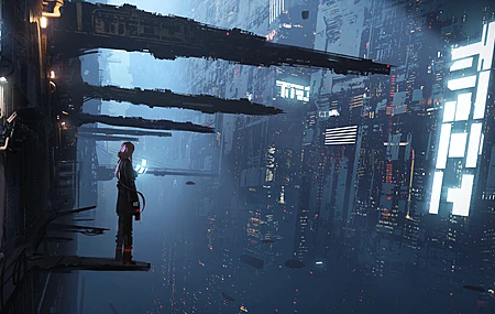  动漫女孩 未来主义 建筑 环境 未来城市 霓虹灯 赛博朋克  电脑壁纸 4K壁纸