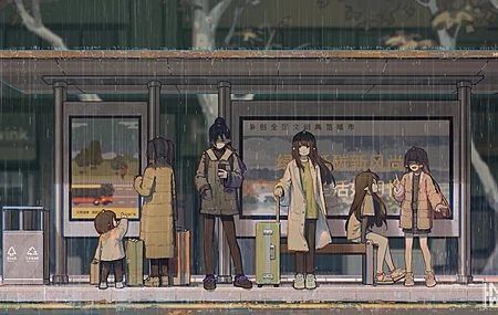 动漫女孩 公交车站 雨 兽耳 数码艺术 公文包 城市 行李箱  电脑壁纸 4K壁纸
