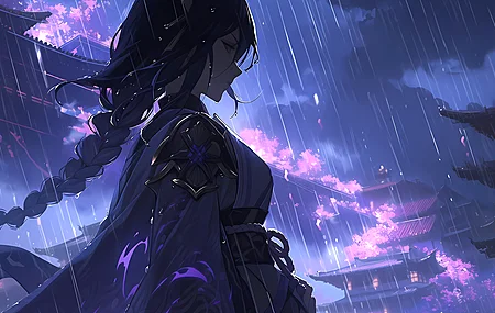 辫子 目光移开 动漫 动漫女孩 雨 原神 雷登幕府  电脑壁纸 4K壁纸