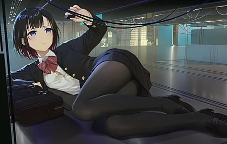 侧躺着 女学生 蓝眼睛 动漫 动漫女孩 领结 校服 裤袜 双色头发  电脑壁纸 4K壁纸