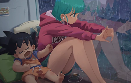 龙珠 小悟空  雨 睡觉 动漫女孩 动漫男孩 小悟空 反射 耳机  电脑壁纸 4K壁纸