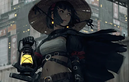 女人 奇幻女孩 武士 扇子艺术 素描 科幻 黑衣 数码绘画 风 奇幻艺术 黑发 奇幻绘画  电脑壁纸 4K壁纸