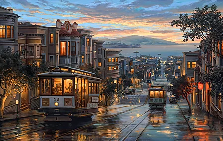 数字绘画 旧金山 云 日落 树 城市 夕阳辉光 城市灯光 电车  电脑壁纸 4K壁纸