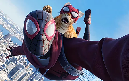 蜘蛛侠迈尔斯·莫拉莱斯 猫 城市 摩天大楼 蜘蛛侠 游戏CG  电脑壁纸 4K壁纸