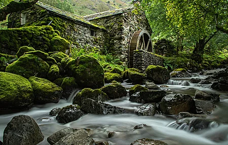 英格兰 水磨坊 大自然 石头 苔藓 溪流 树木 电脑壁纸 4K壁纸