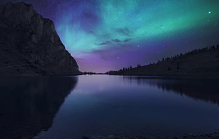 风景 自然 湖泊 山脉 夜晚 黑暗 天空 星星 水 树木  电脑壁纸 4K壁纸