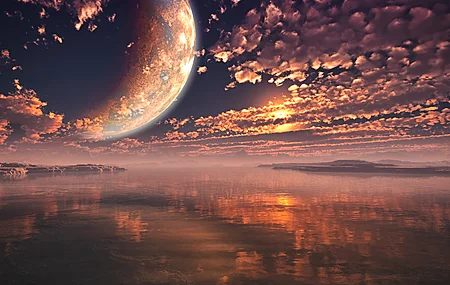 月亮 海洋 水 反射 云 天空 风景 阳光 日落 灯光 自然 行星 空间  电脑壁纸 4K壁纸